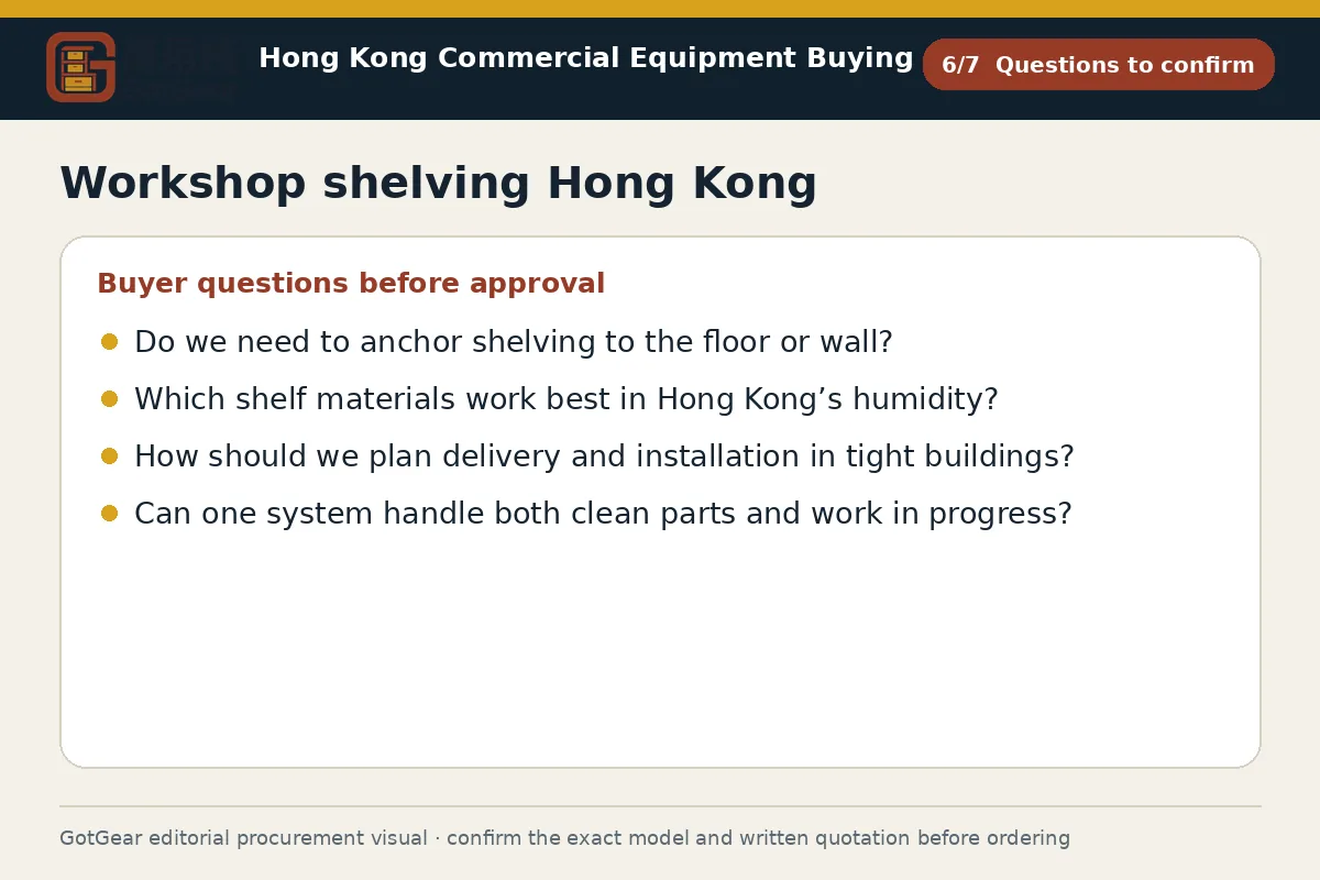 GotGear questions to confirm procurement diagram for workshop shelving Hong Kong