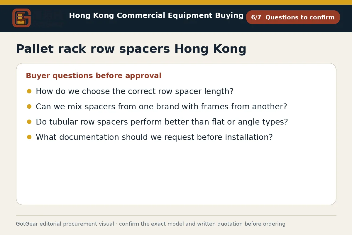 GotGear questions to confirm procurement diagram for pallet rack row spacers Hong Kong