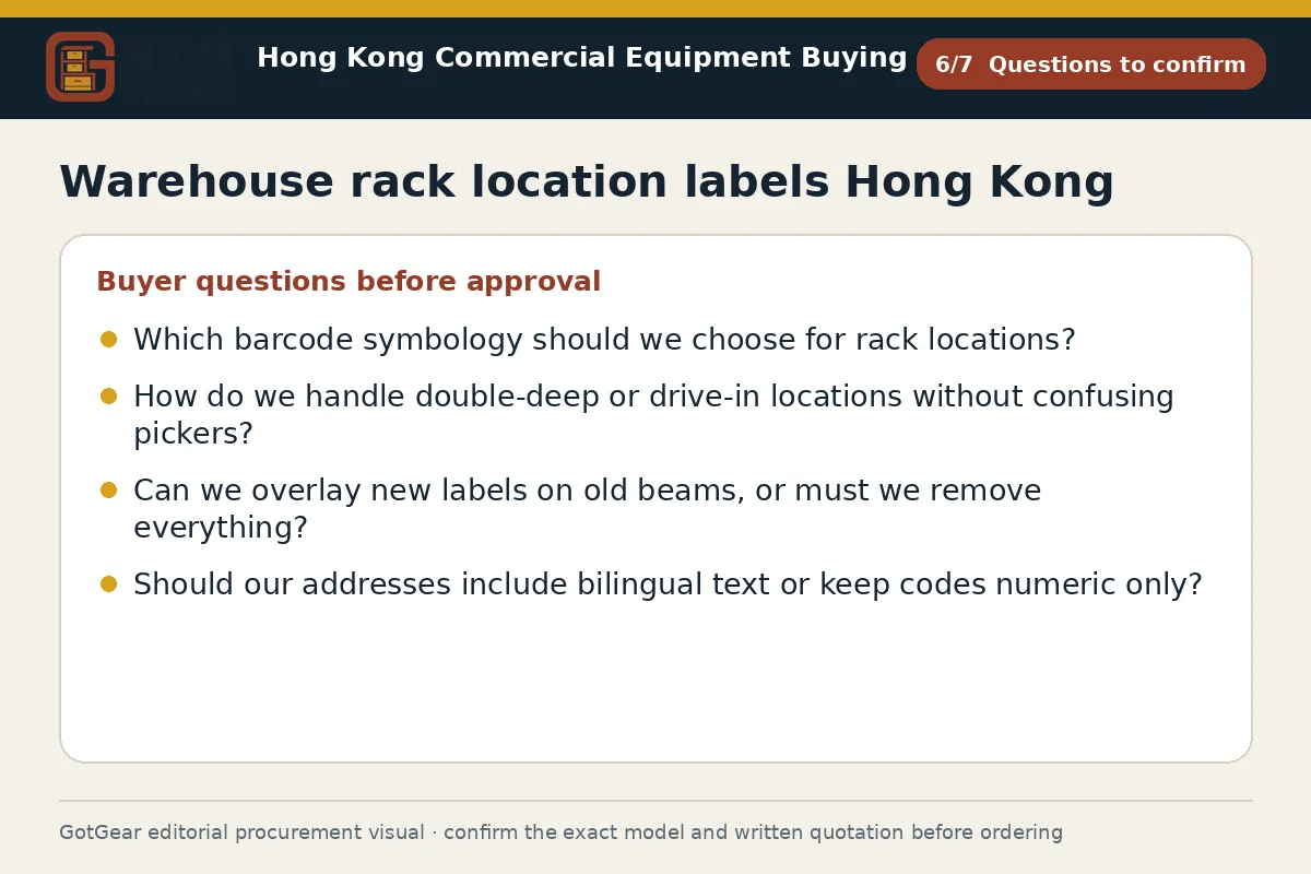 GotGear questions to confirm procurement diagram for warehouse rack location labels Hong Kong