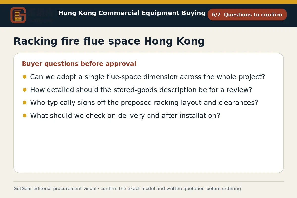GotGear questions to confirm procurement diagram for racking fire flue space Hong Kong