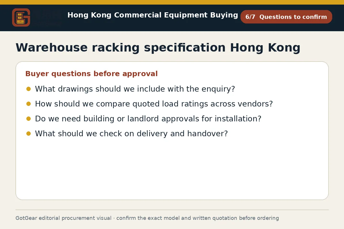 GotGear questions to confirm procurement diagram for warehouse racking specification Hong Kong