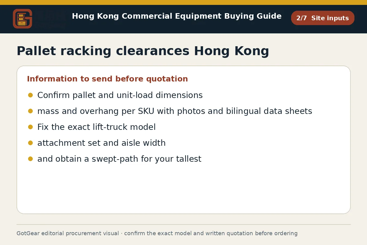 GotGear site inputs procurement diagram for pallet racking clearances Hong Kong