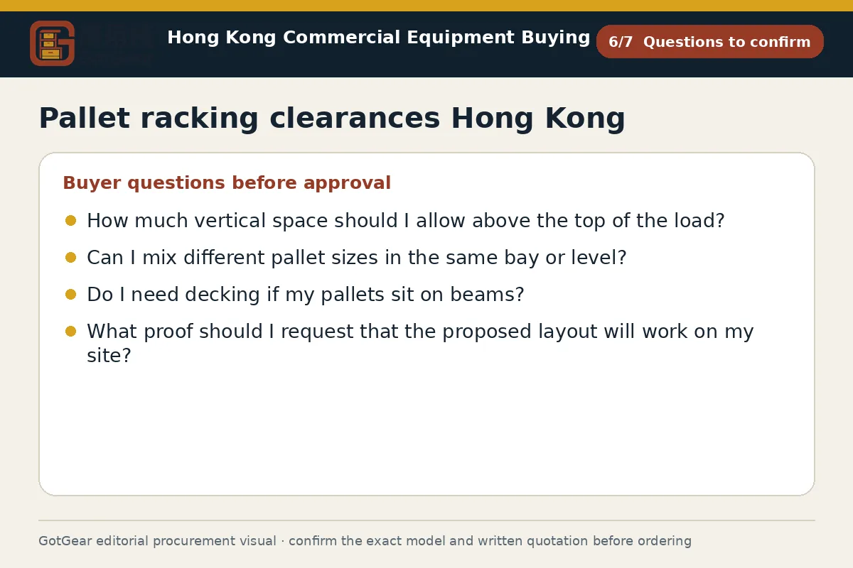 GotGear questions to confirm procurement diagram for pallet racking clearances Hong Kong