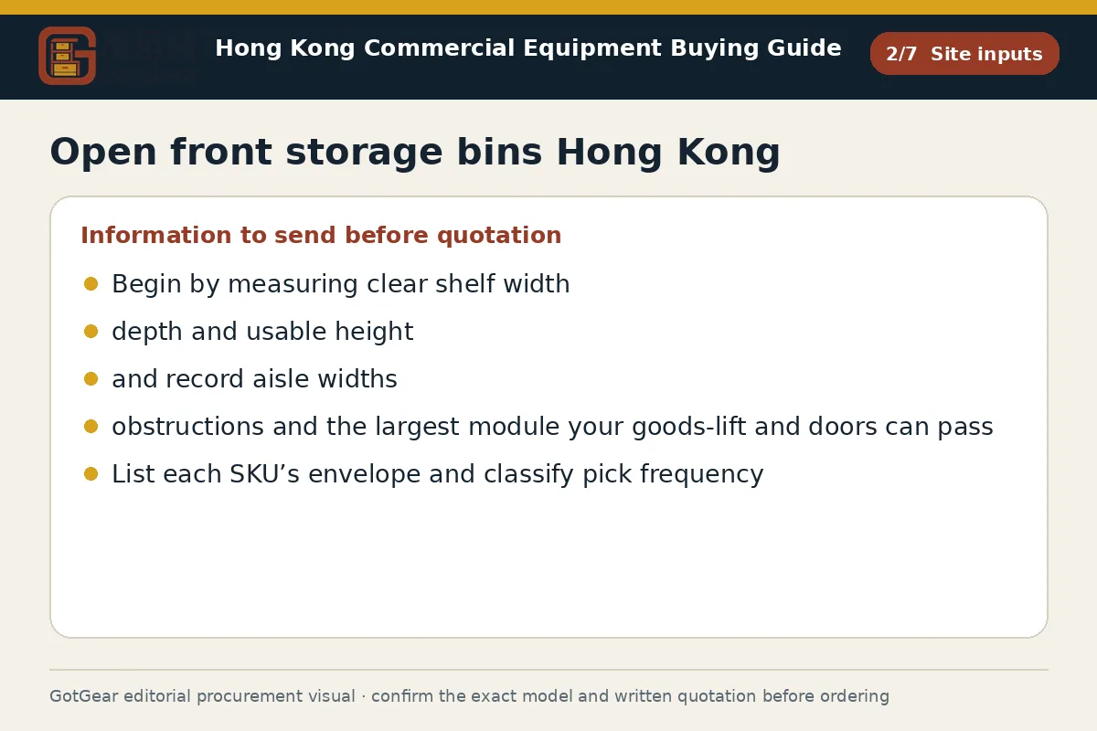 GotGear site inputs procurement diagram for open front storage bins Hong Kong
