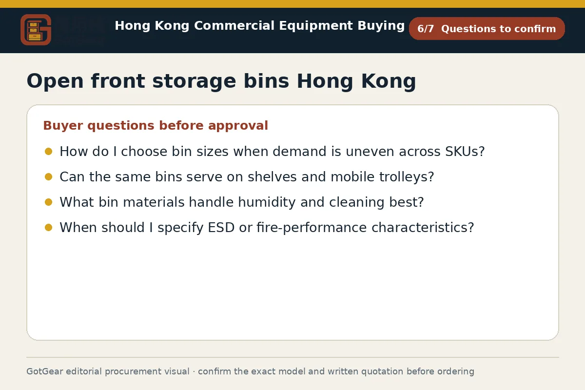 GotGear questions to confirm procurement diagram for open front storage bins Hong Kong