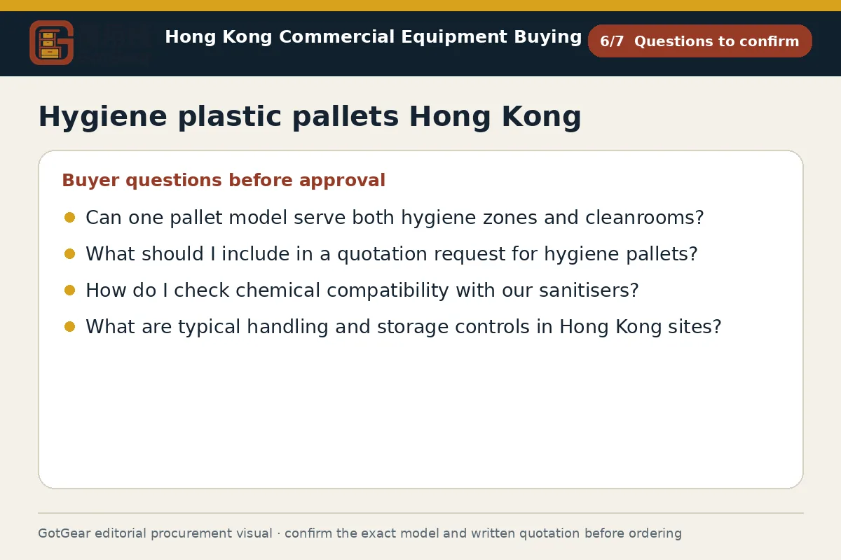 GotGear questions to confirm procurement diagram for hygiene plastic pallets Hong Kong