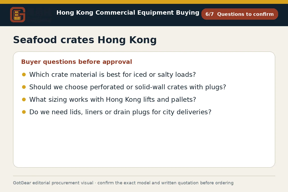 GotGear questions to confirm procurement diagram for seafood crates Hong Kong