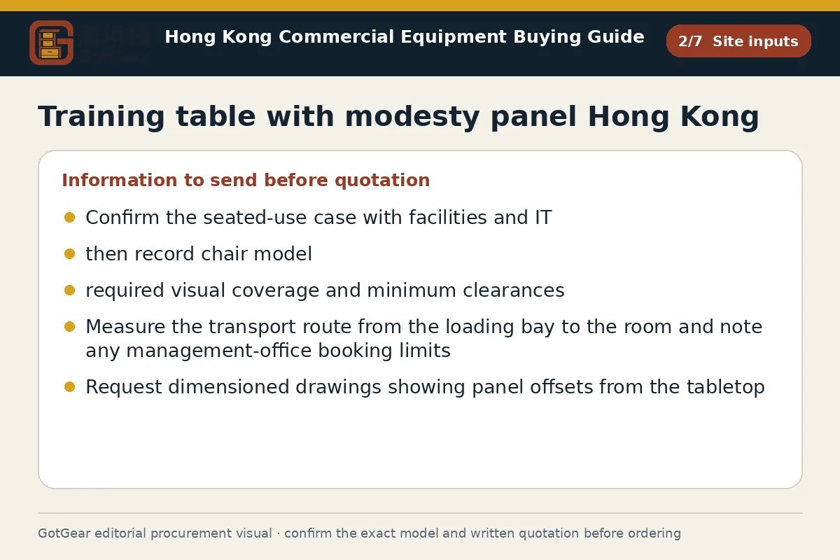 GotGear site inputs procurement diagram for training table with modesty panel Hong Kong