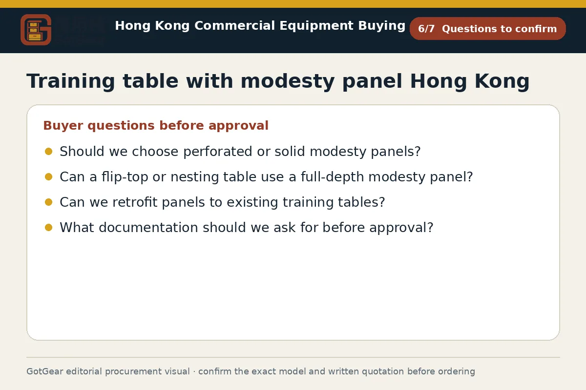 GotGear questions to confirm procurement diagram for training table with modesty panel Hong Kong
