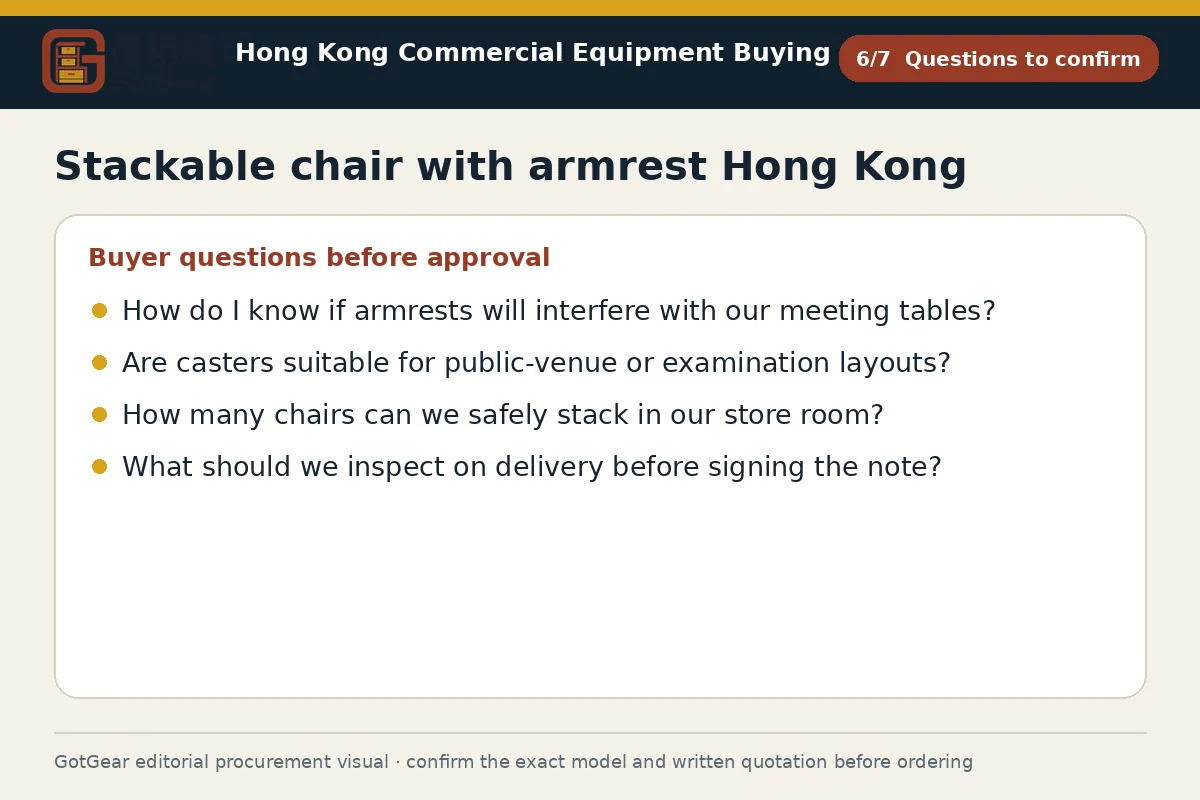 GotGear questions to confirm procurement diagram for stackable chair with armrest Hong Kong