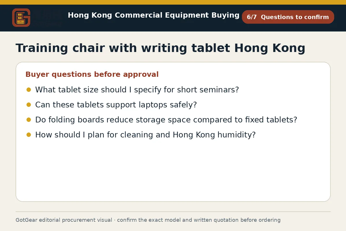 GotGear questions to confirm procurement diagram for training chair with writing tablet Hong Kong