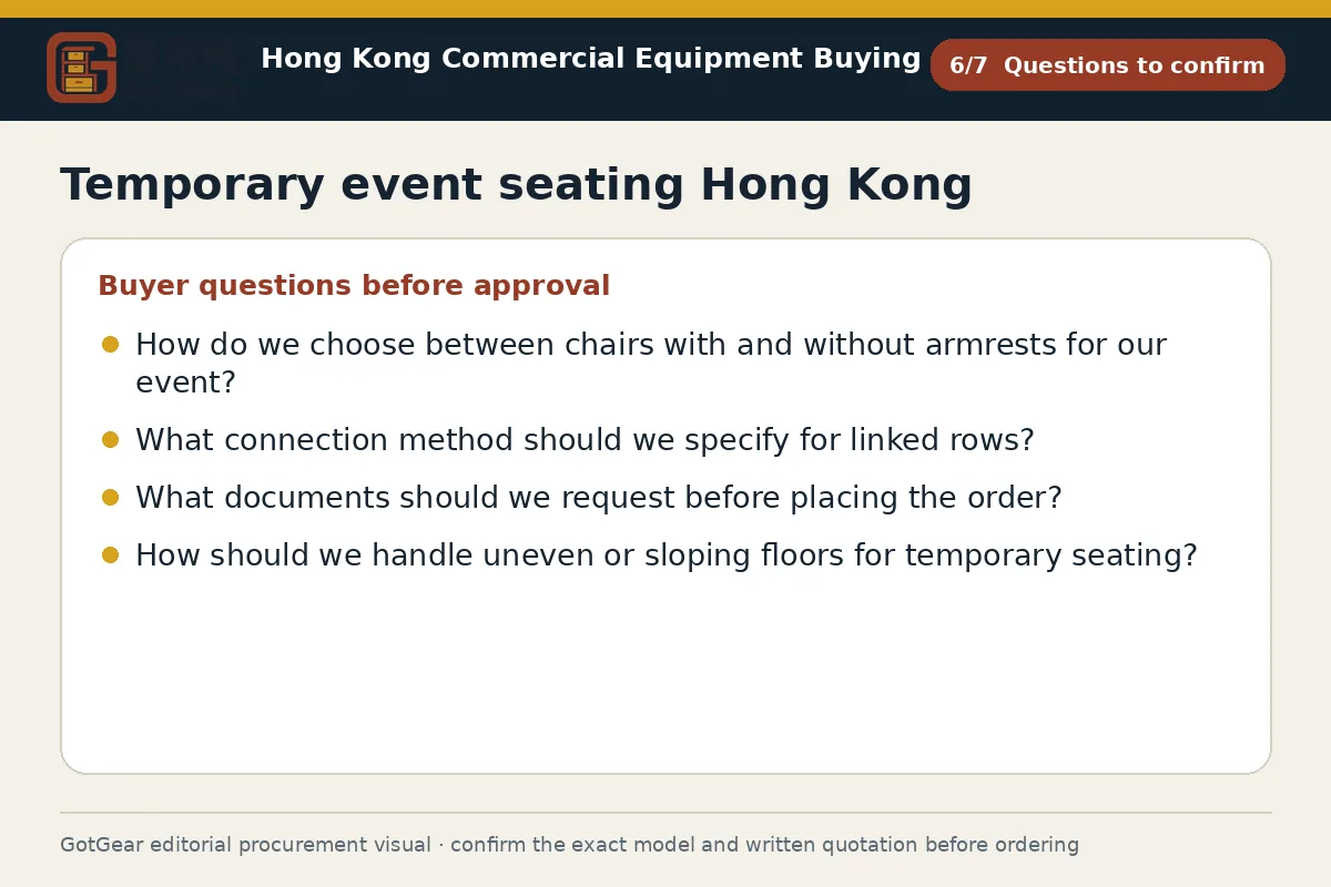 GotGear questions to confirm procurement diagram for temporary event seating Hong Kong