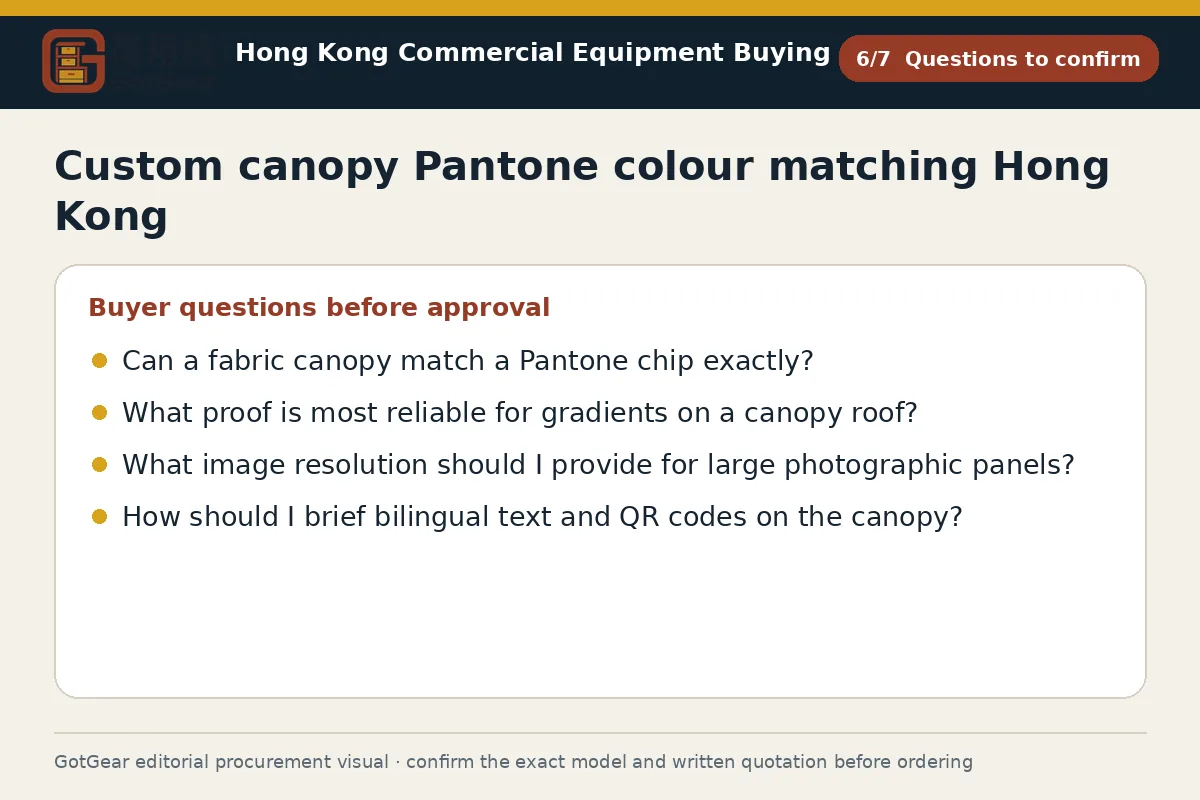 GotGear questions to confirm procurement diagram for custom canopy Pantone colour matching Hong Kong
