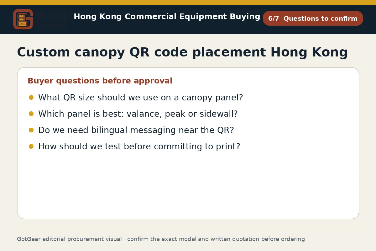 GotGear questions to confirm procurement diagram for custom canopy QR code placement Hong Kong