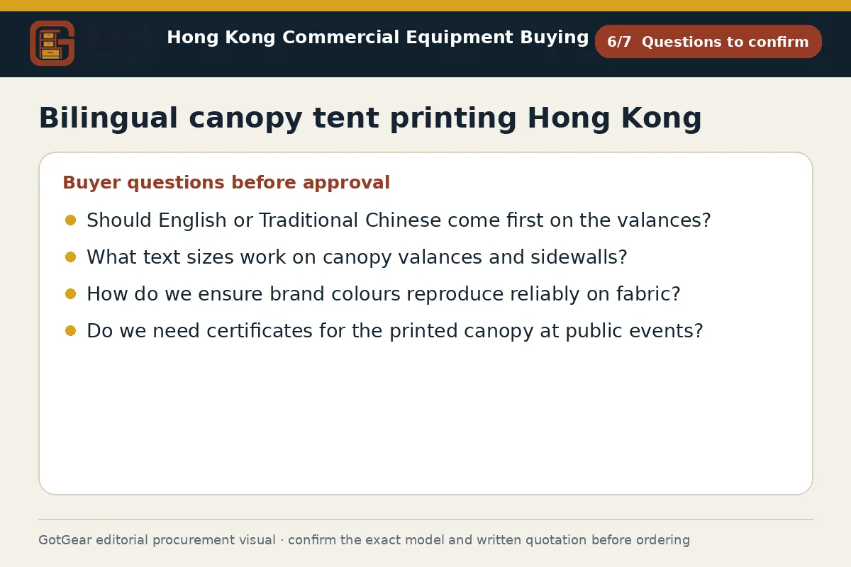 GotGear questions to confirm procurement diagram for bilingual canopy tent printing Hong Kong