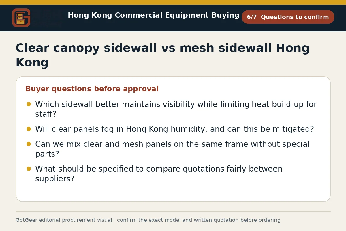 GotGear questions to confirm procurement diagram for clear canopy sidewall vs mesh sidewall Hong Kong