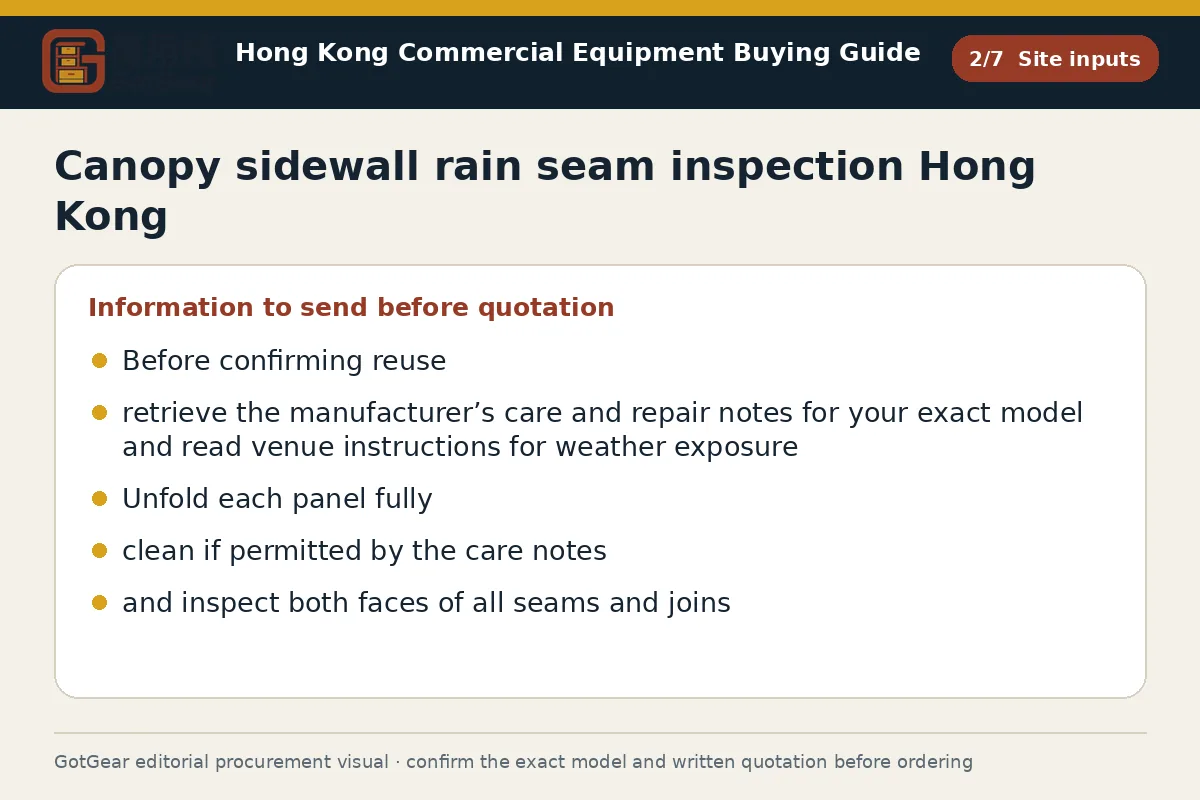 GotGear site inputs procurement diagram for canopy sidewall rain seam inspection Hong Kong