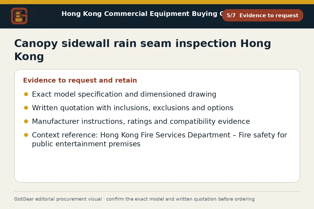 GotGear evidence to request procurement diagram for canopy sidewall rain seam inspection Hong Kong