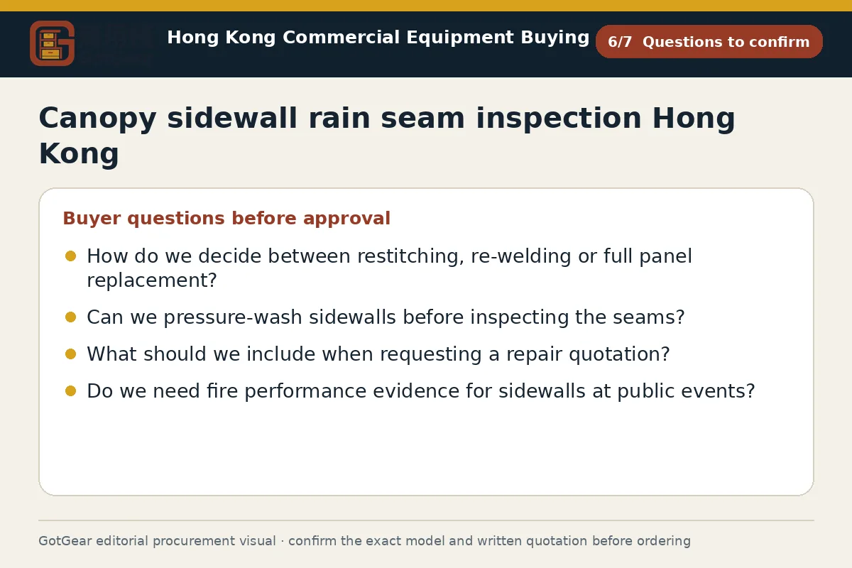 GotGear questions to confirm procurement diagram for canopy sidewall rain seam inspection Hong Kong