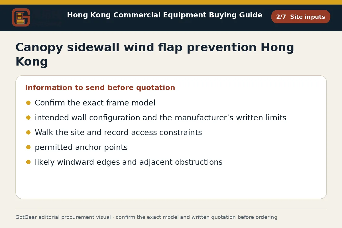 GotGear site inputs procurement diagram for canopy sidewall wind flap prevention Hong Kong