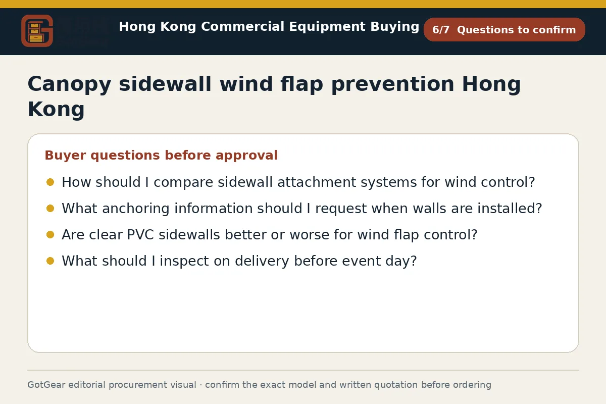 GotGear questions to confirm procurement diagram for canopy sidewall wind flap prevention Hong Kong
