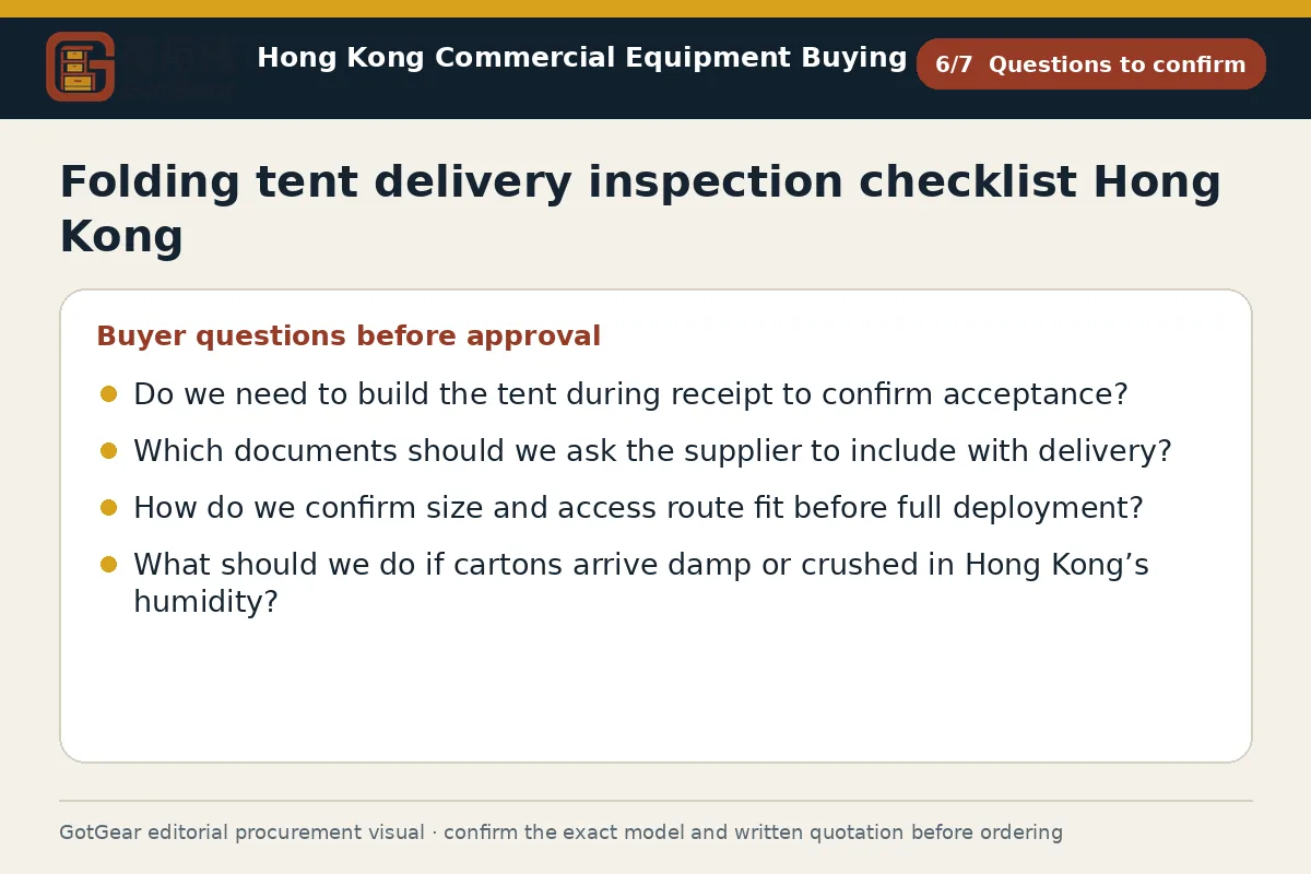 GotGear questions to confirm procurement diagram for folding tent delivery inspection checklist Hong Kong