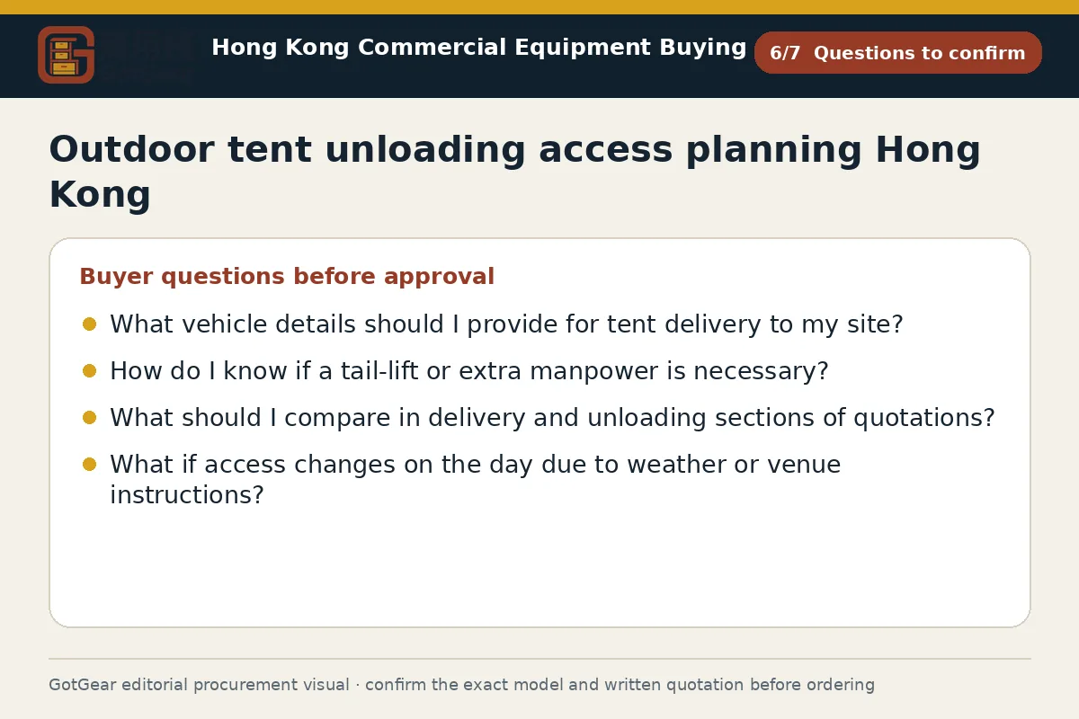 GotGear questions to confirm procurement diagram for outdoor tent unloading access planning Hong Kong