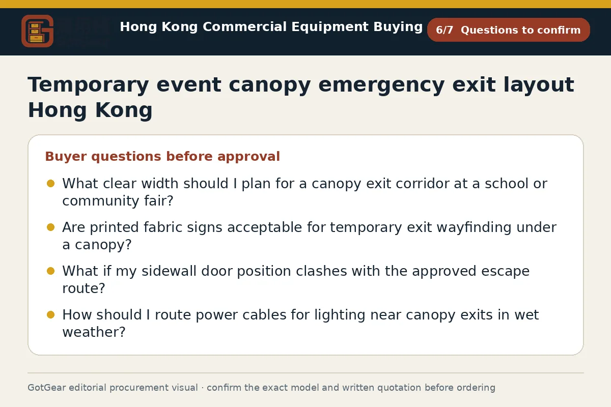GotGear questions to confirm procurement diagram for temporary event canopy emergency exit layout Hong Kong