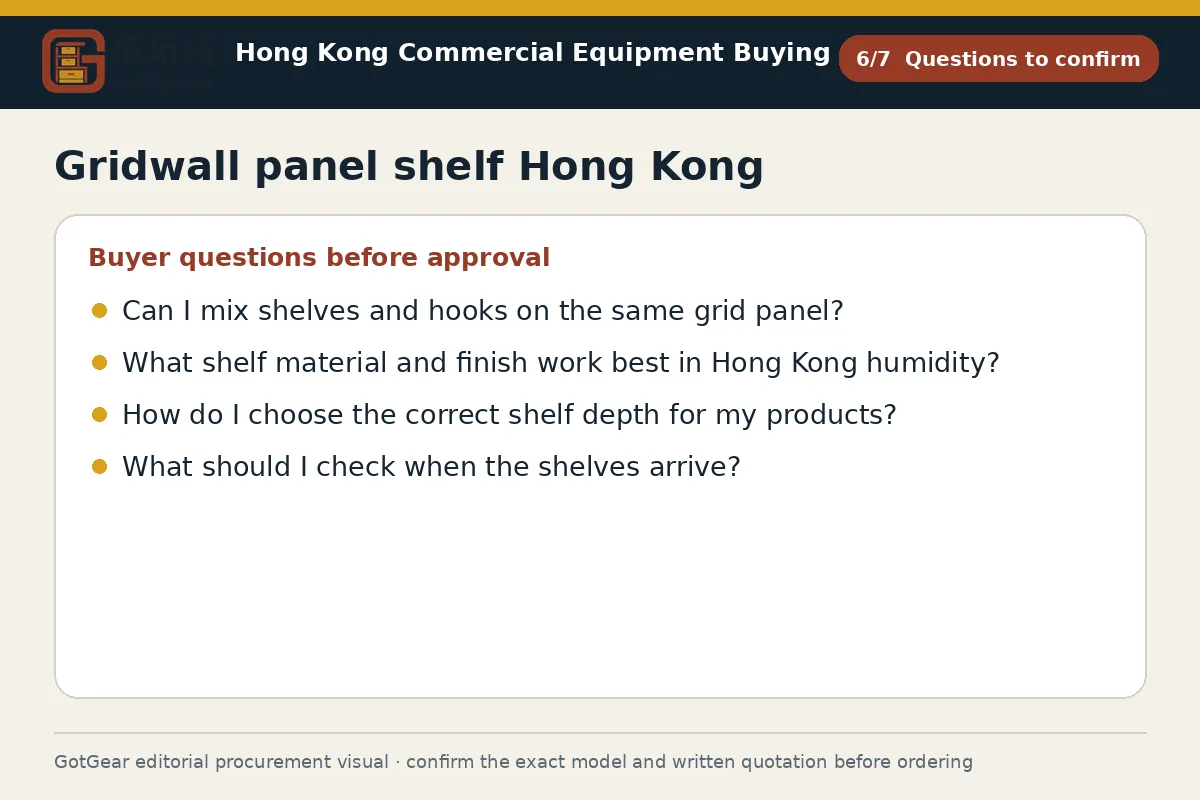 GotGear questions to confirm procurement diagram for gridwall panel shelf Hong Kong