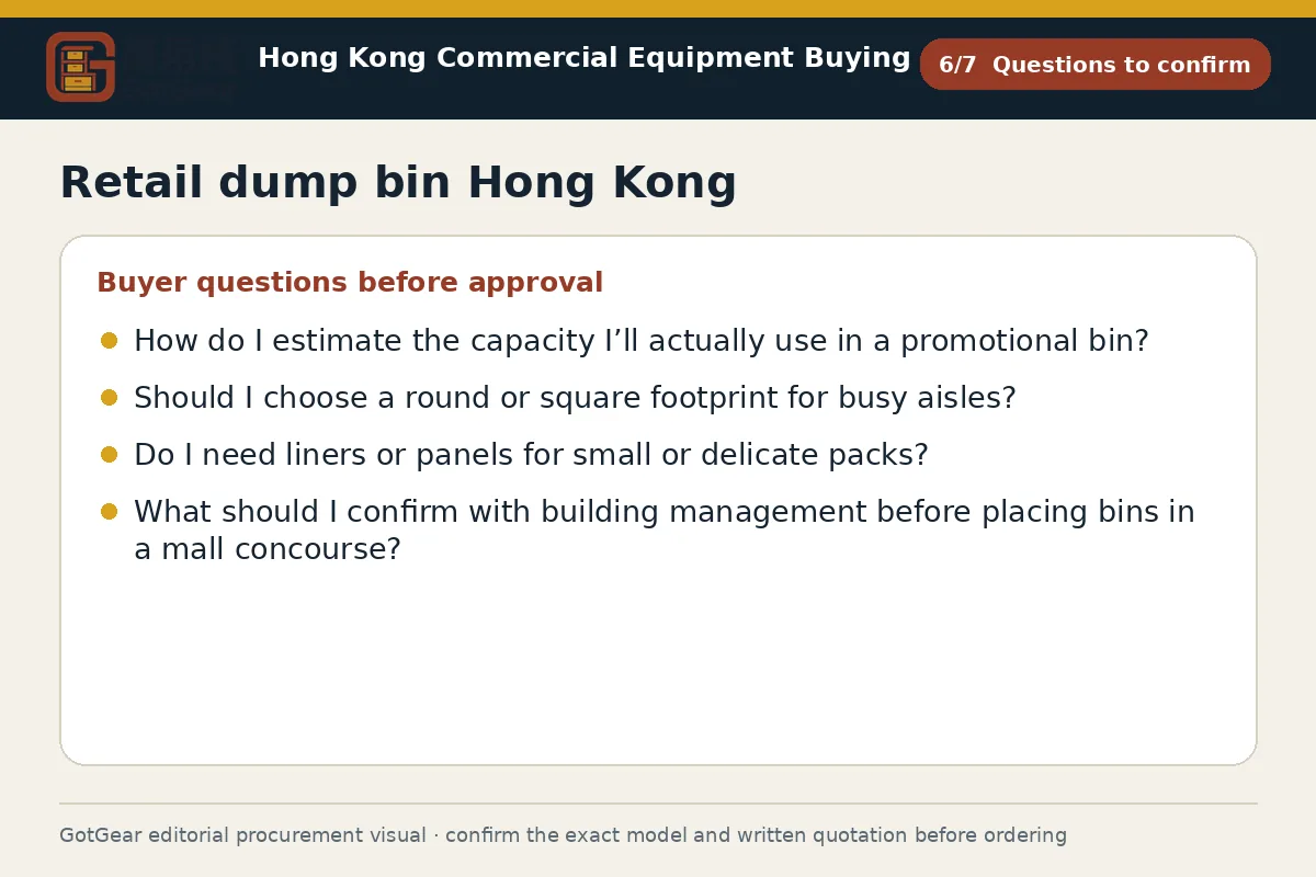 GotGear questions to confirm procurement diagram for retail dump bin Hong Kong