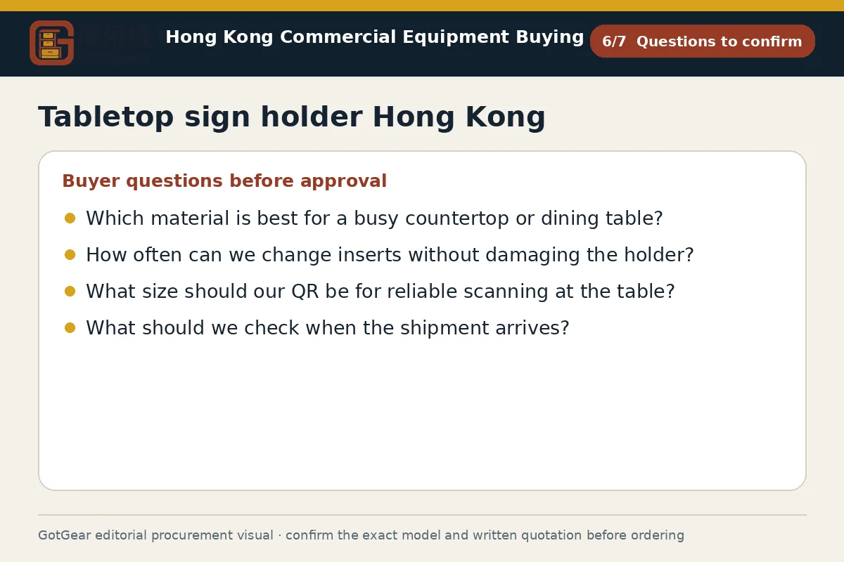 GotGear questions to confirm procurement diagram for tabletop sign holder Hong Kong