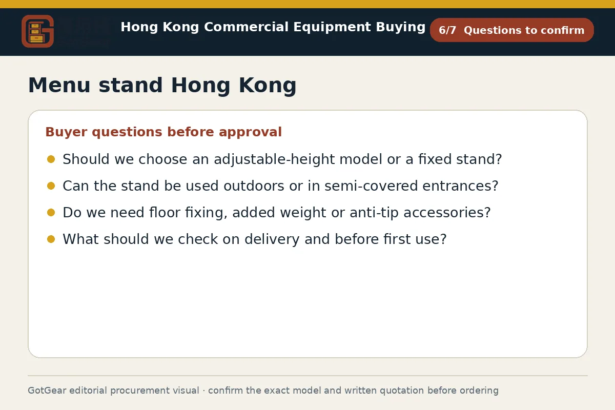 GotGear questions to confirm procurement diagram for menu stand Hong Kong