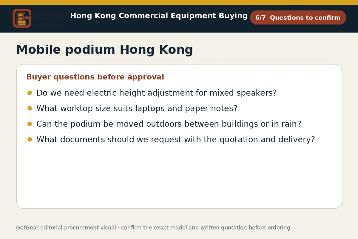 GotGear questions to confirm procurement diagram for mobile podium Hong Kong