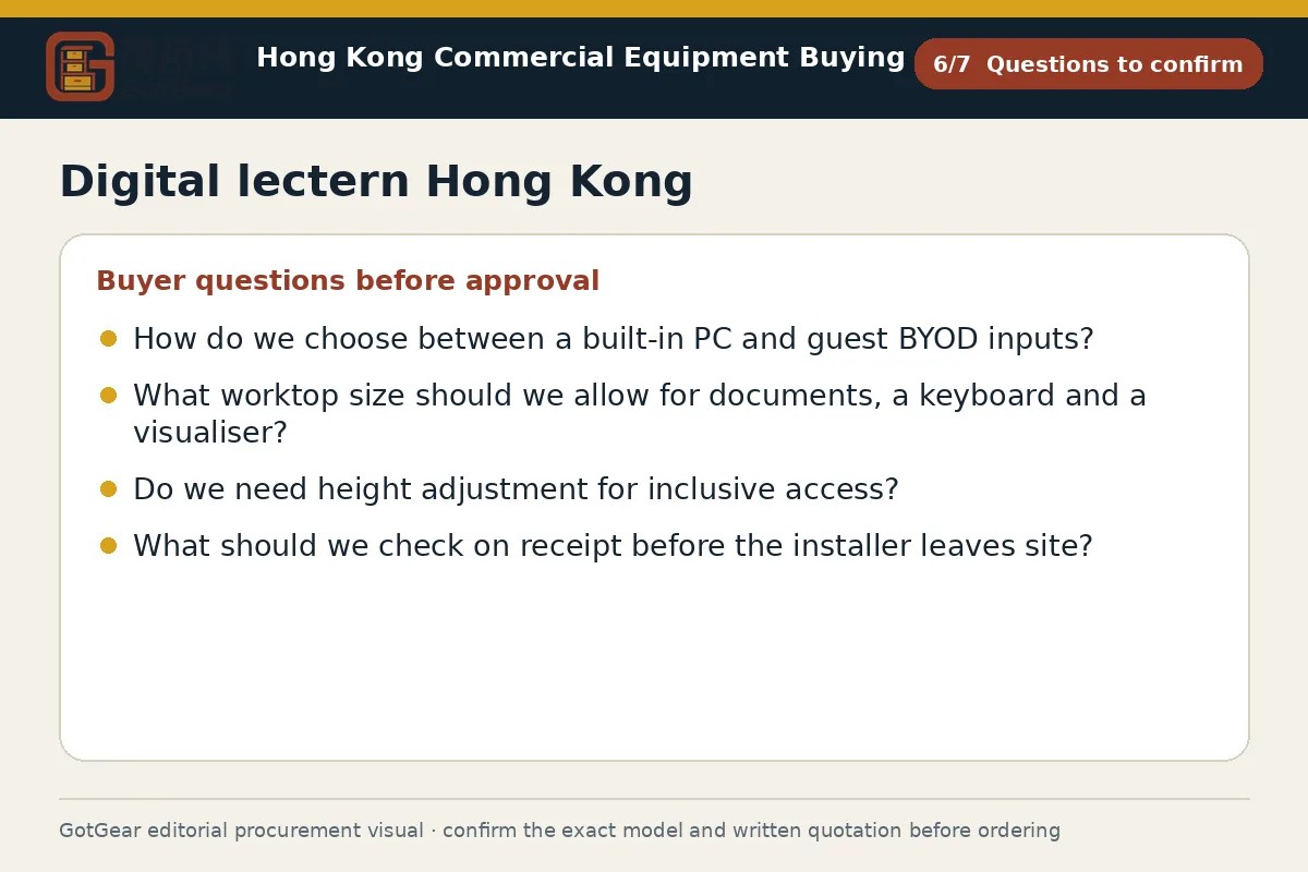 GotGear questions to confirm procurement diagram for digital lectern Hong Kong
