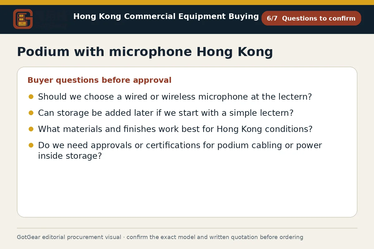 GotGear questions to confirm procurement diagram for podium with microphone Hong Kong