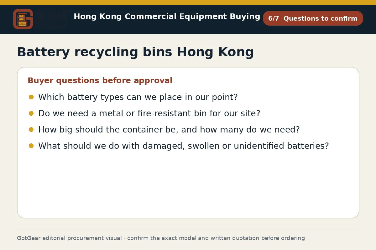 GotGear questions to confirm procurement diagram for battery recycling bins Hong Kong