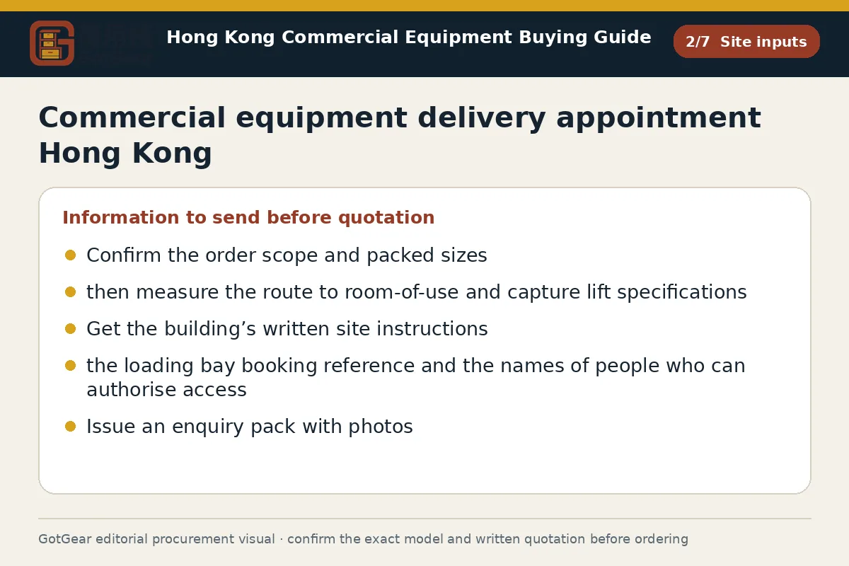 GotGear site inputs procurement diagram for commercial equipment delivery appointment Hong Kong
