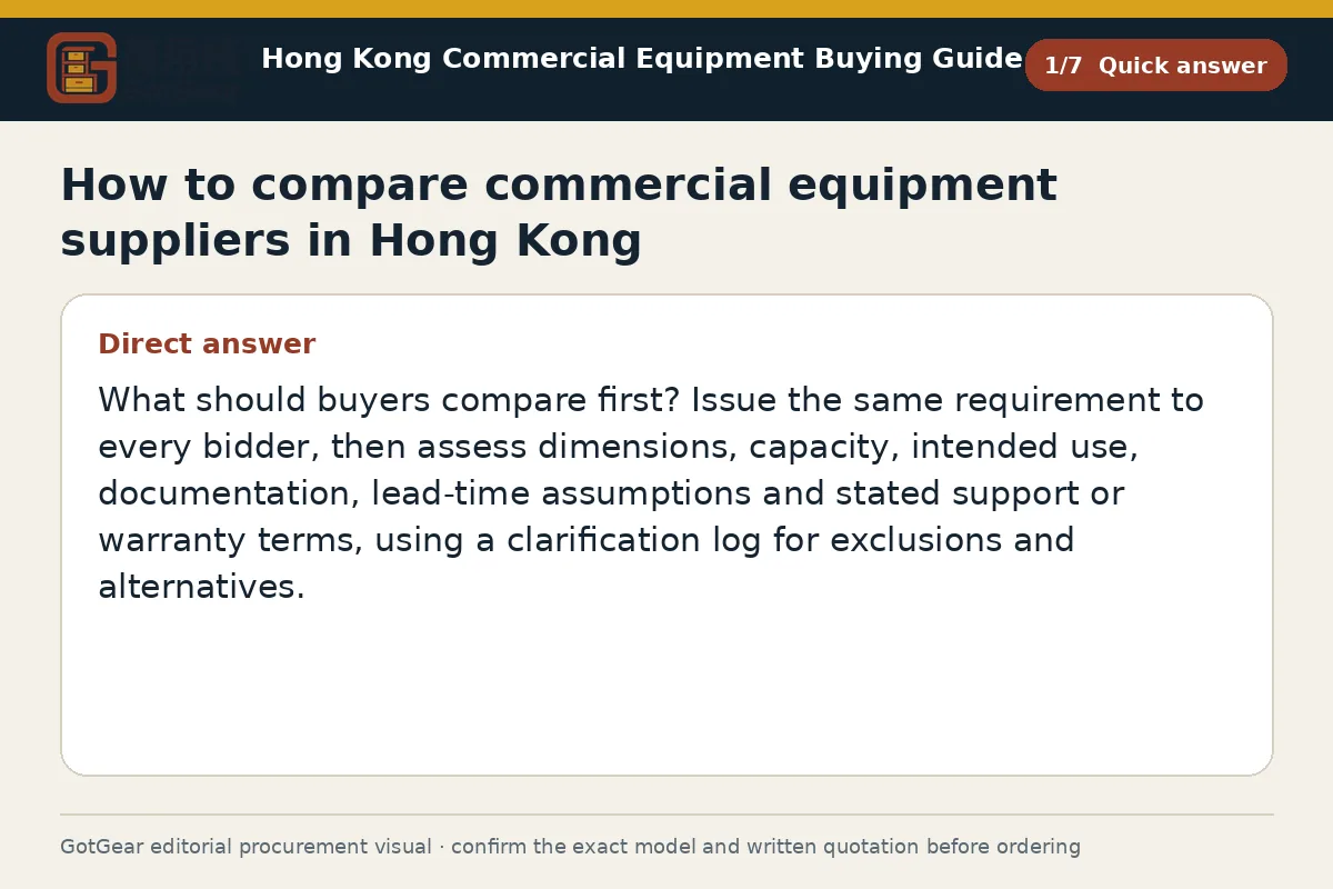 GotGear quick answer procurement diagram for how to compare commercial equipment suppliers in Hong Kong