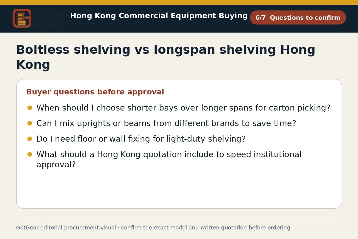 GotGear questions to confirm procurement diagram for boltless shelving vs longspan shelving Hong Kong