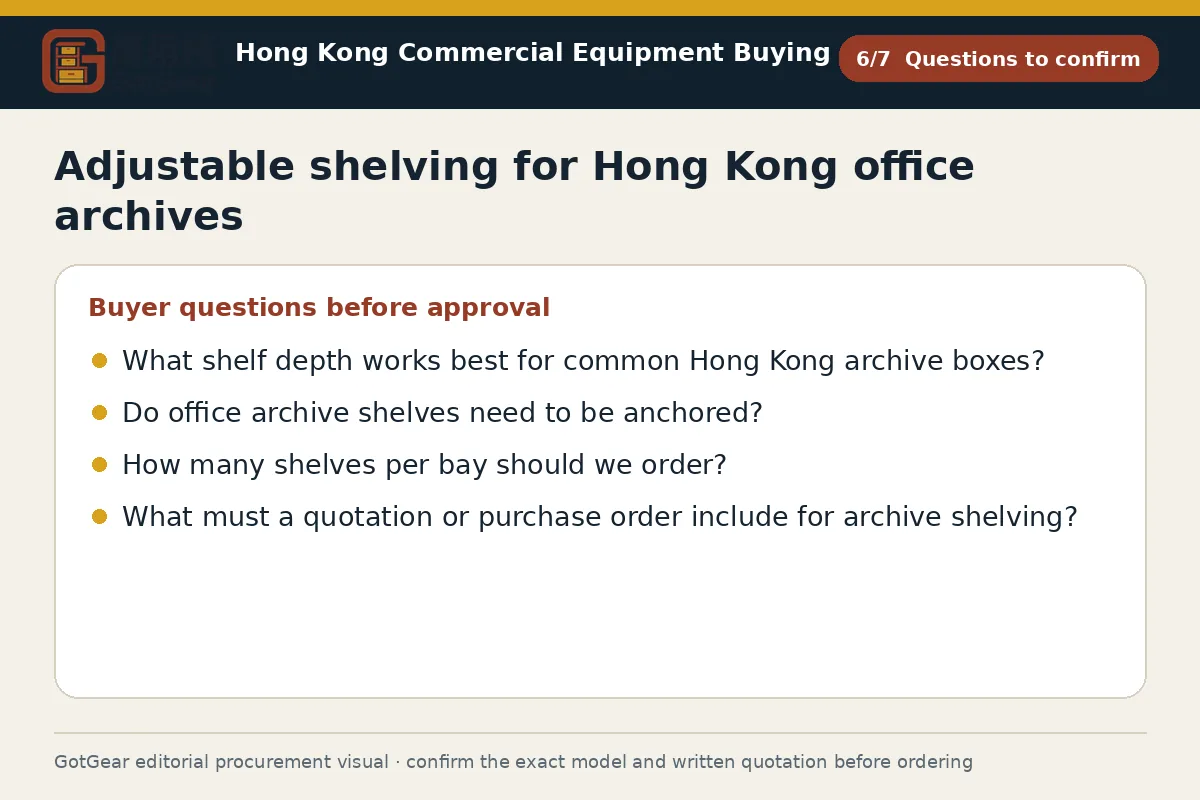GotGear questions to confirm procurement diagram for adjustable shelving for Hong Kong office archives