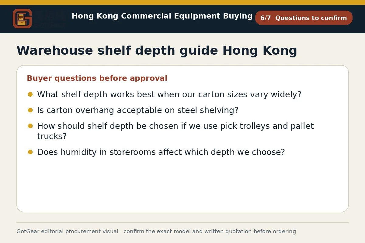 GotGear questions to confirm procurement diagram for warehouse shelf depth guide Hong Kong