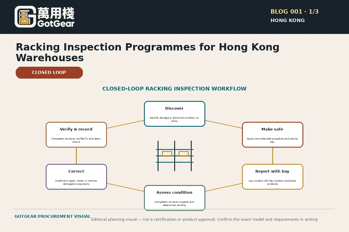GotGear planning visual for warehouse racking inspection programme Hong Kong: Closed-loop inspection workflow: discover, make safe under site procedure, report with bay location, assess, correct, verify and retain record.