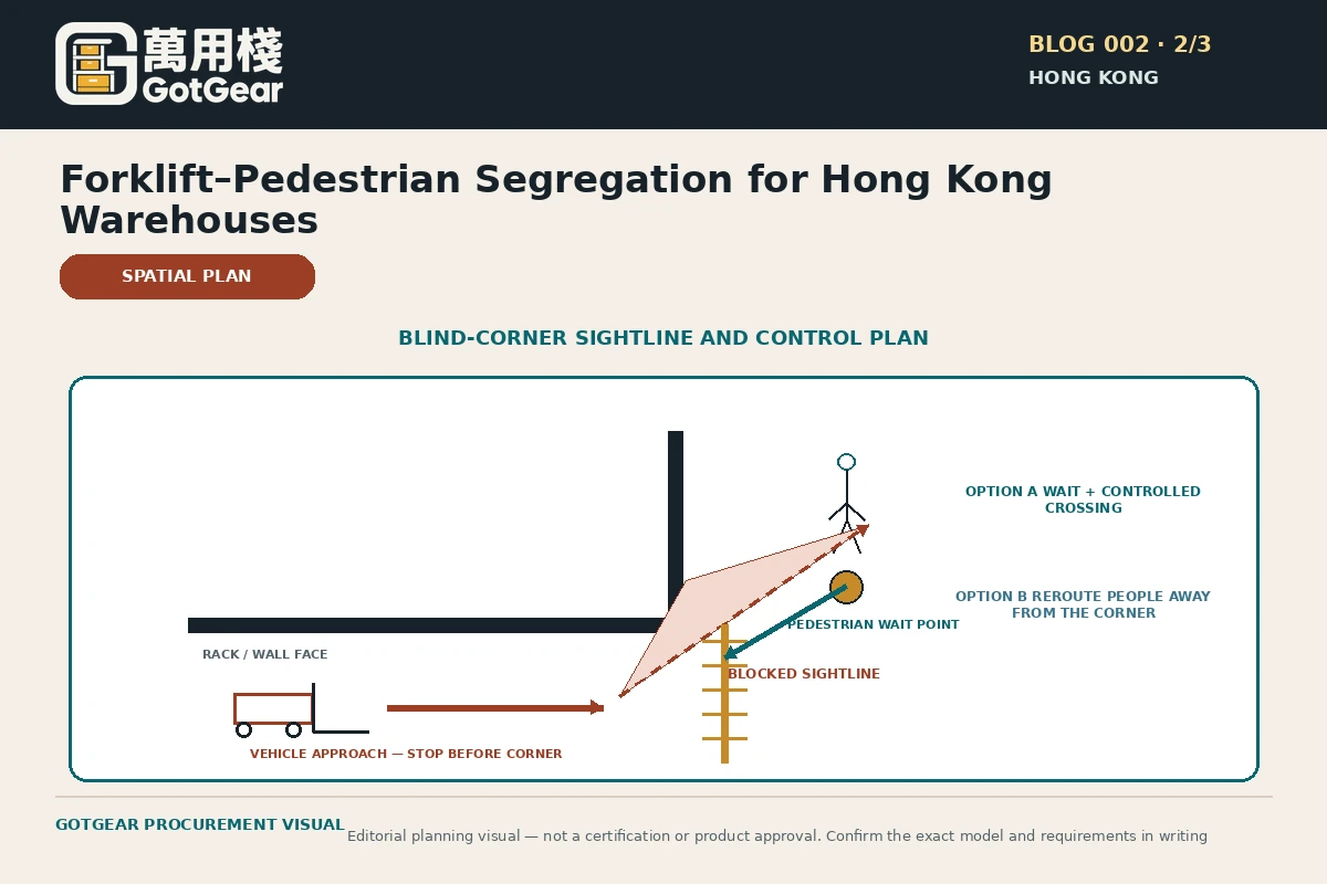 GotGear planning visual for forklift pedestrian segregation plan Hong Kong: Blind-corner decision sketch showing sight lines, vehicle approach, pedestrian waiting position and option to reroute or add a control.