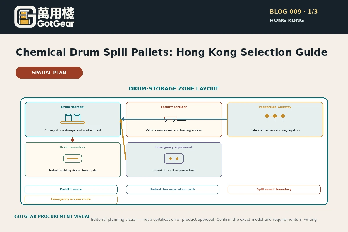 GotGear planning visual for chemical drum spill pallet Hong Kong: Drum-storage zone with containment pallet, pedestrian separation, forklift route, drain boundary and emergency equipment.