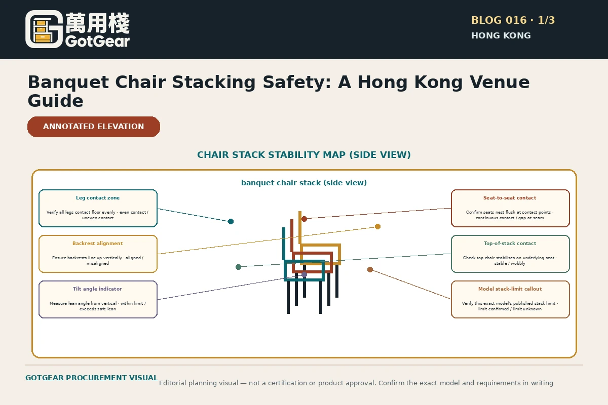 GotGear planning visual for banquet chair stacking safety Hong Kong: Chair stack stability map: side view identifying contact points, unstable lean and a callout to verify the exact model’s stack limit.