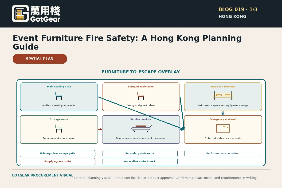 GotGear planning visual for event furniture fire safety Hong Kong: Furniture-to-escape overlay: venue plan contrasting seating, tables, staging and storage with escape paths and protected fire-safety elements.