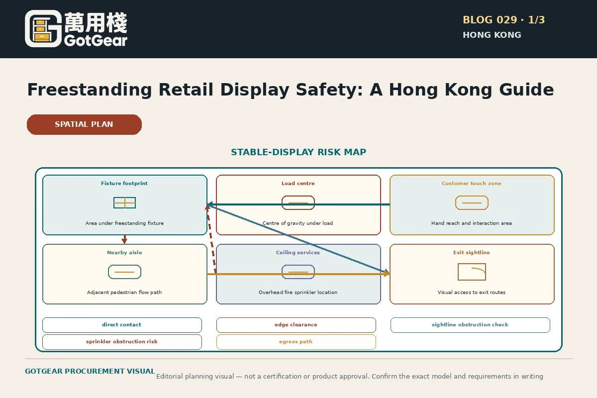 GotGear planning visual for freestanding retail display safety Hong Kong: Stable-display risk map with fixture base, load centre, customer touch zone, nearby aisle, ceiling sprinkler and exit-route sightline.