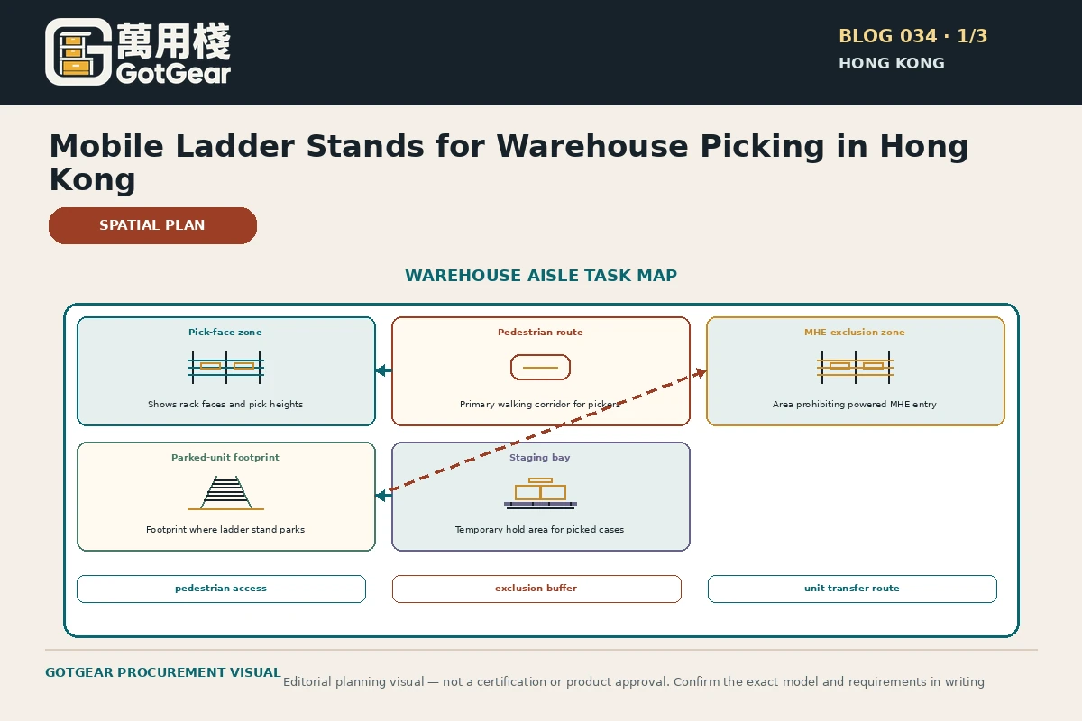 GotGear planning visual for mobile ladder stand for warehouse picking Hong Kong: Warehouse aisle task map showing pick-face height, pedestrian route, materials-handling-equipment exclusion zone and parked-unit footprint.