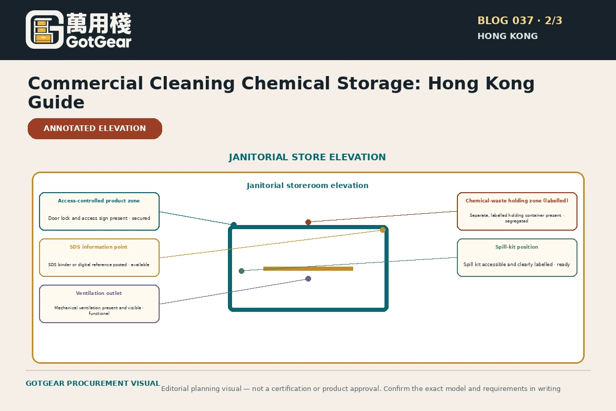 GotGear planning visual for commercial cleaning chemical storage Hong Kong: janitorial-store elevation: distinguish an access-controlled product zone, a separately labelled chemical-waste holding zone, an SDS information point and a spill-kit position without assigning unsupported shelf heights or quantities.