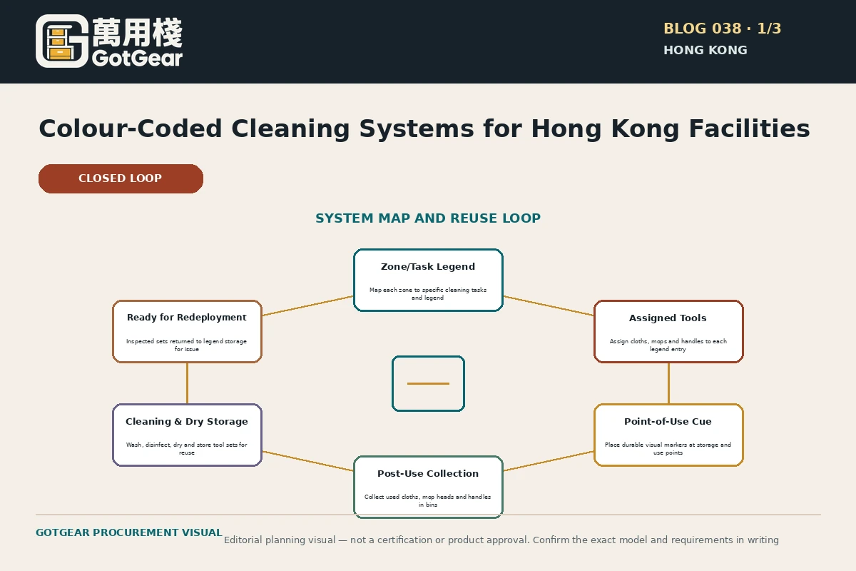 GotGear planning visual for colour coded cleaning system Hong Kong: system map: zone/task legend → assigned cloths, mops and handles → point-of-use visual cue → post-use collection, cleaning and dry-storage loop, with no universal colour names assumed.